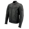 Milwaukee Leather men's black heated motorcycle jacket with cowhide leather, vented design, suitable for all seasons.