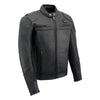 Milwaukee Leather men's black heated motorcycle jacket made of cowhide leather with vented panels, suitable for all seasons.