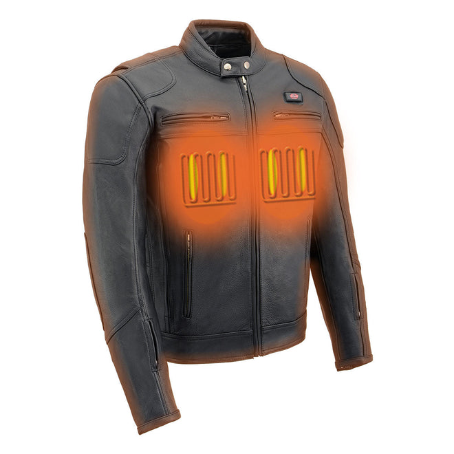 Milwaukee Leather men's black heated motorcycle jacket made of cowhide leather with venting for all-season riding comfort.