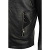 Milwaukee Leather men's black motorcycle leather jacket with triple stitched design and beltless style, shown on a hanger.