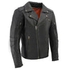 Milwaukee Leather men's black Triple Stitched motorcycle leather jacket with beltless design, displayed on a hanger.