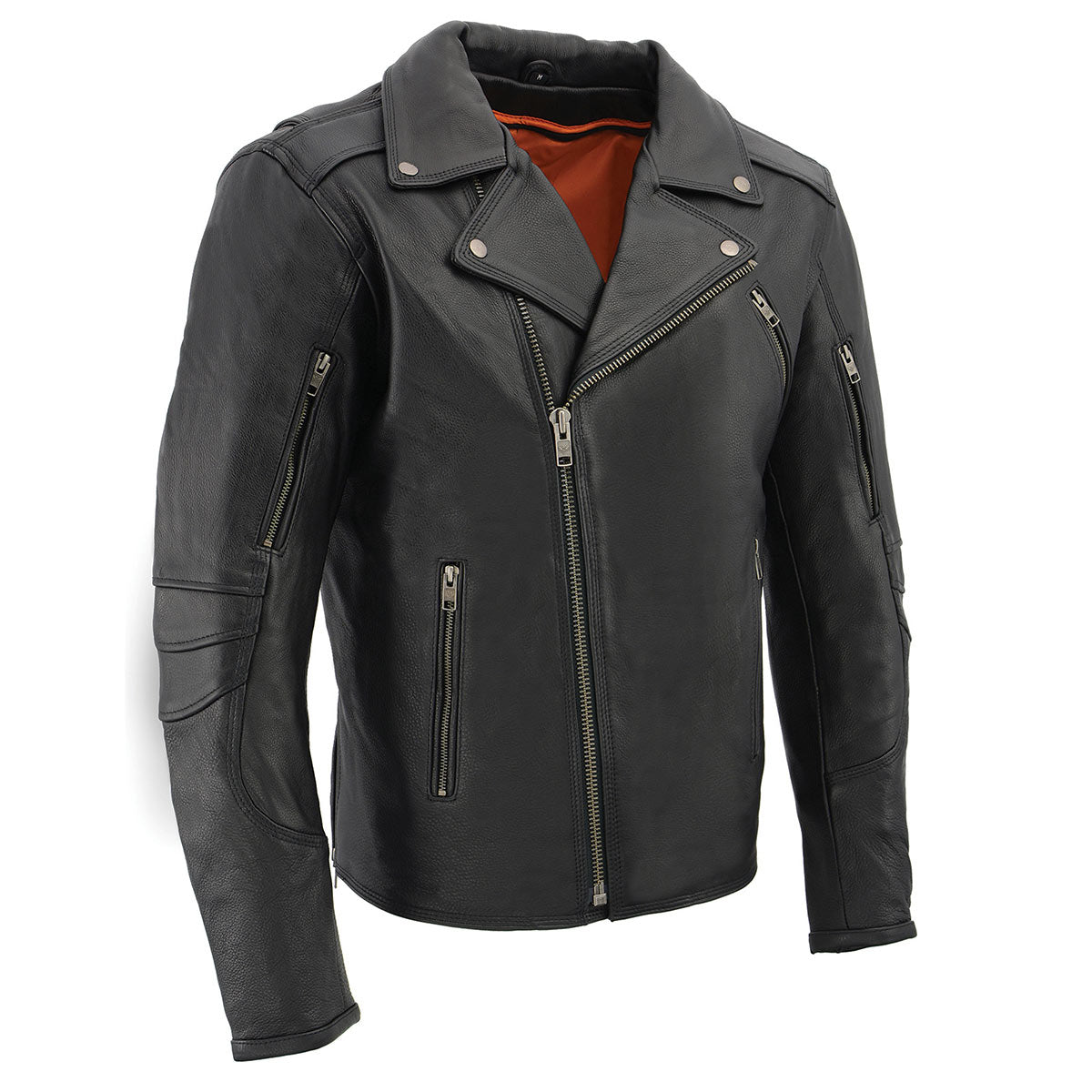 Milwaukee Leather men's black Triple Stitched motorcycle leather jacket with beltless design, displayed on a hanger.