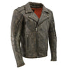 Milwaukee Leather men's beige and brown motorcycle leather jacket with triple stitching, beltless design, and classic rugged style.