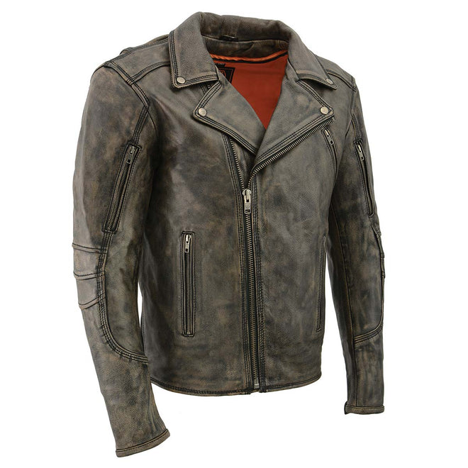 Milwaukee Leather men's beige and brown motorcycle leather jacket with triple stitching, beltless design, and classic rugged style.