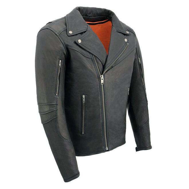 Milwaukee Leather men's black real leather motorcycle jacket in James Brando style, featuring classic biker design and sturdy construction.