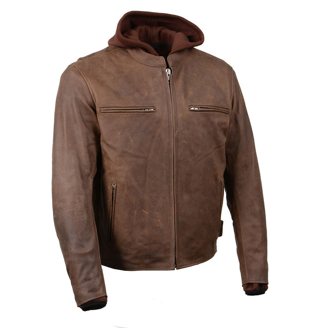 Milwaukee Leather men's 'Scoundrel' vintage brown leather jacket with removable hoodie and distressed finish.