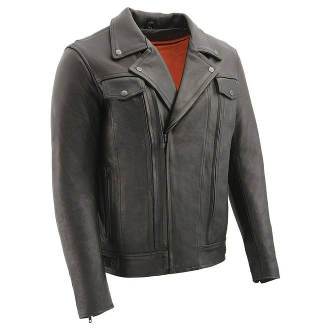 Milwaukee Leather men's Pistol Pete vented black leather cruiser jacket shown on a model, featuring classic biker style and ventilation details.