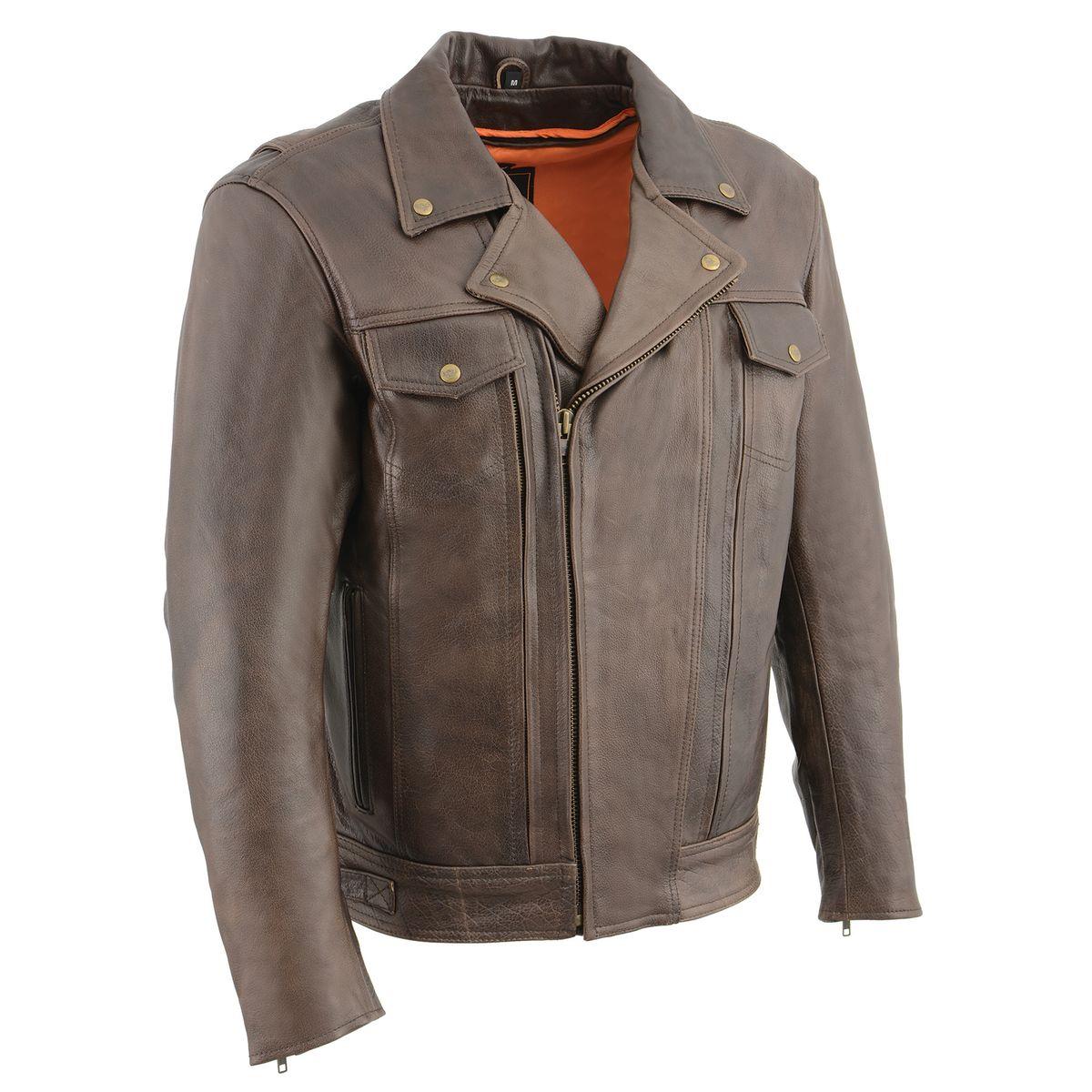 Milwaukee Leather men's vented retro brown leather motorcycle jacket with classic design and metal zip details.