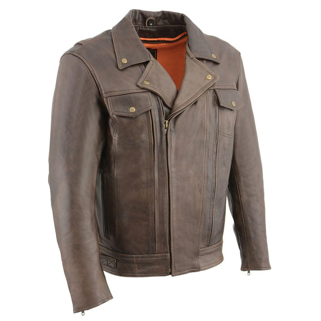 Milwaukee Leather men's vented retro brown leather motorcycle jacket with classic design and metal zip details.