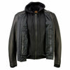Milwaukee Leather men's black 'Scoundrel' motorcycle riding jacket with removable hoodie, featuring leather construction and stylish design.