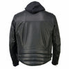 Milwaukee Leather men's black 'Scoundrel' motorcycle riding jacket with removable hoodie, featuring rugged leather and stylish design.