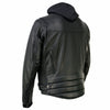 Milwaukee Leather men's black 'Scoundrel' motorcycle riding jacket with removable hoodie, featuring leather construction and stylish design.