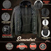 Milwaukee Leather men's black 'Scoundrel' motorcycle riding jacket with removable hoodie, shown inside view with detailed leather texture.