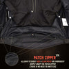 Milwaukee Leather men's black 'Scoundrel' motorcycle jacket with patch details and removable hoodie, designed for riding comfort.