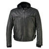 Milwaukee Leather men's black Scoundrel motorcycle jacket with removable hoodie, featuring leather construction and stylish design.