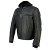 Milwaukee Leather MLM1523 men's black leather motorcycle jacket with removable hoodie, featuring stylish design and riding comfort.