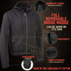 Milwaukee Leather men's black Scoundrel motorcycle riding jacket with removable hoodie, featuring leather construction and stylish design.