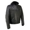Milwaukee Leather men's black 'Scoundrel' motorcycle riding jacket with removable hoodie, featuring leather construction and stylish design