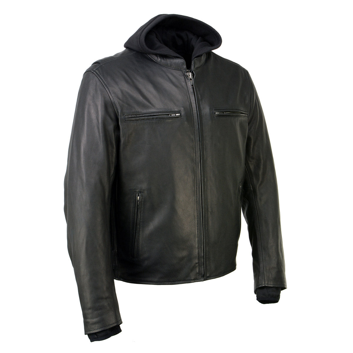 Milwaukee Leather men's black 'Scoundrel' motorcycle riding jacket with removable hoodie, featuring leather construction and stylish design