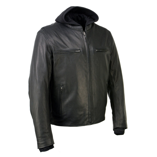 Milwaukee Leather men's black 'Scoundrel' motorcycle riding jacket with removable hoodie, featuring leather construction and stylish design