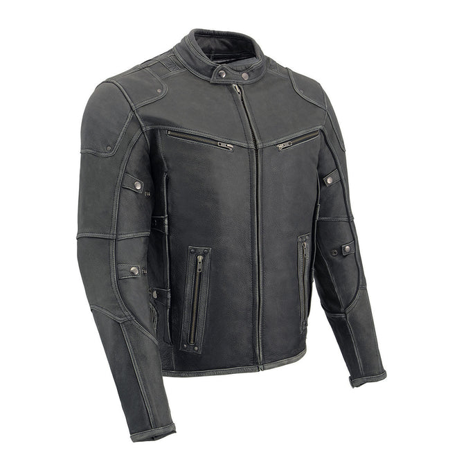 Milwaukee Leather men's vintage distressed grey leather motorcycle jacket with reflective piping, scooter style, and classic design.