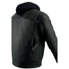 Milwaukee Leather men's black utility vented leather jacket with removable hoodie, featuring multiple pockets and adjustable cuffs.