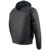 Milwaukee Leather men's black vented utility pocket jacket with removable hoodie, made of durable leather, displayed on a hanger.