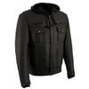 Milwaukee Leather men's black vented leather jacket with utility pockets and removable hoodie, slim fit design
