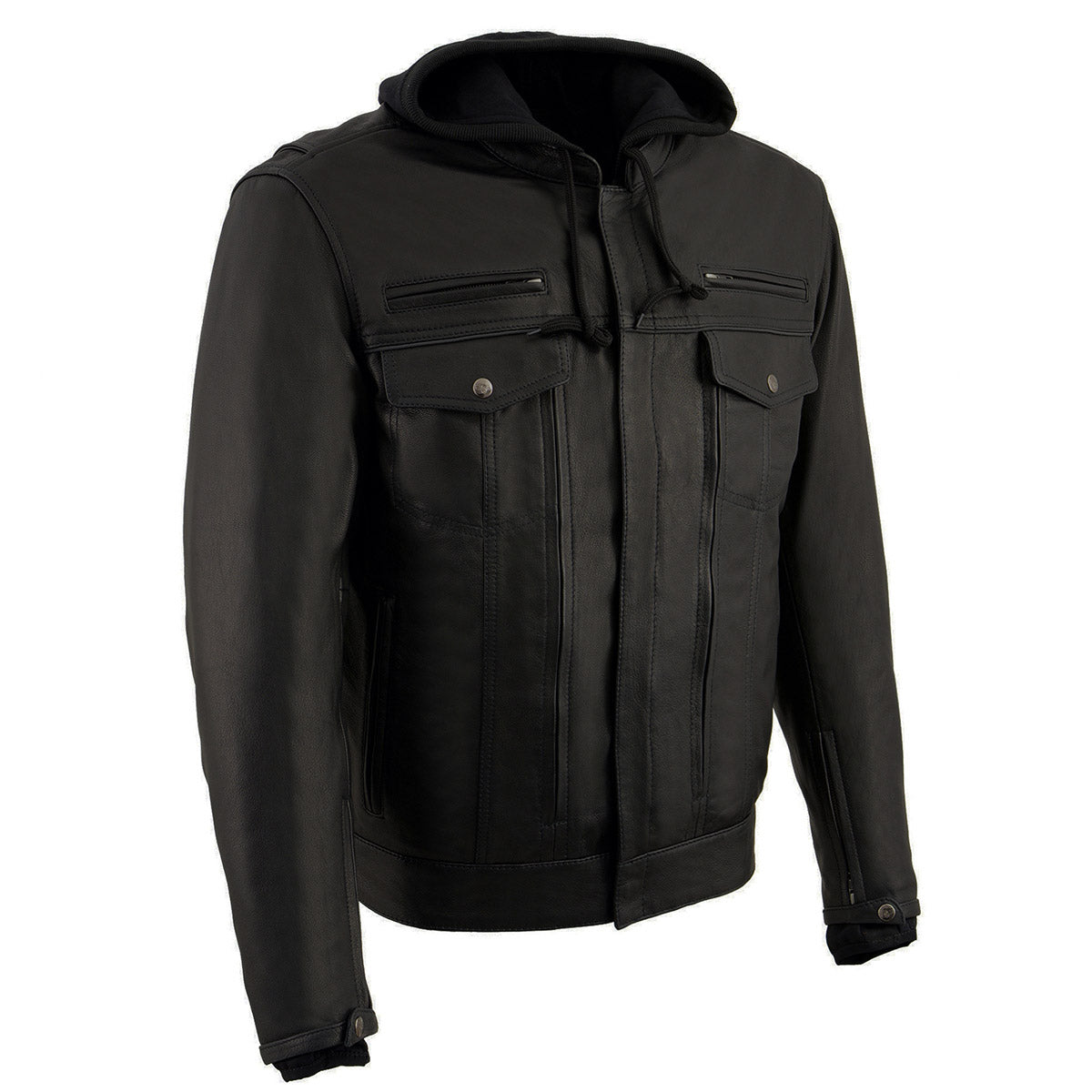 Milwaukee Leather men's black vented leather jacket with utility pockets and removable hoodie, slim fit design