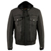 Milwaukee Leather men's black leather utility jacket with vented design, removable hoodie, and multiple pockets.