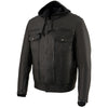 Milwaukee Leather men's black vented utility pocket jacket with removable hoodie, durable leather construction and functional design.