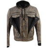 Milwaukee Leather men's distressed brown leather utility jacket with vented design, removable hoodie, and multiple pockets.