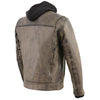 Milwaukee Leather men's distressed brown leather utility jacket with vented design and removable hoodie, featuring multiple pockets.