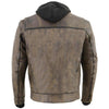 Milwaukee Leather men's distressed brown leather utility pocket vented jacket with removable hoodie, front view showing design details.