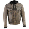 Milwaukee Leather men's distressed brown leather utility jacket with vented panels and removable hoodie.