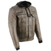 Milwaukee Leather men's distressed brown leather utility pocket jacket with vented design and removable hoodie.