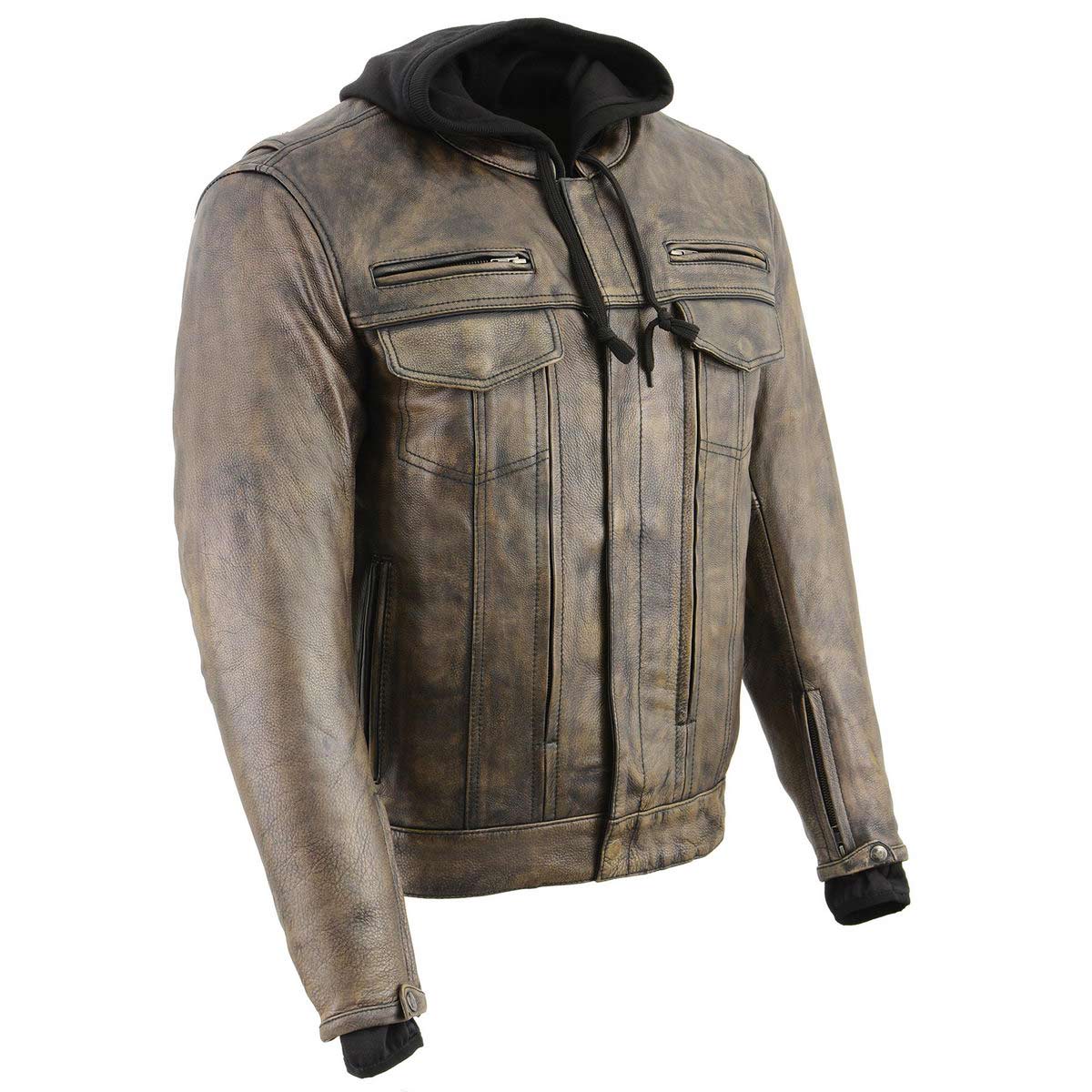 Milwaukee Leather men's distressed brown leather utility pocket jacket with vented design and removable hoodie.