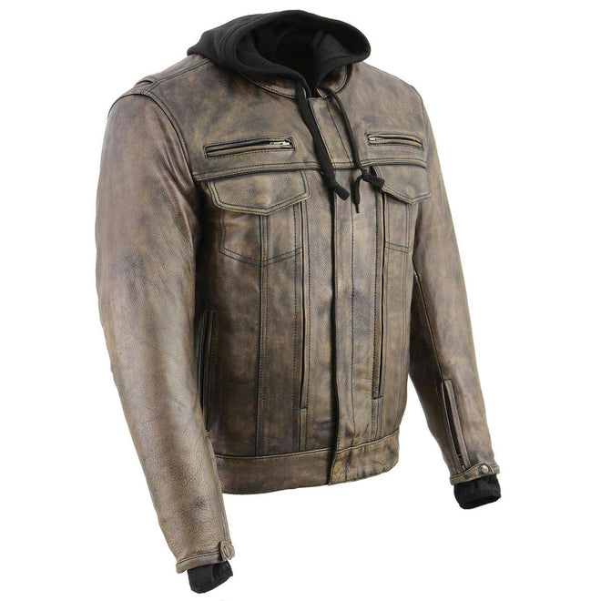 Milwaukee Leather men's distressed brown leather utility pocket jacket with vented design and removable hoodie.