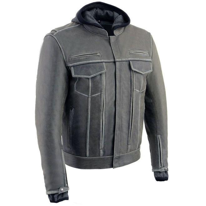Milwaukee Leather men's distressed grey leather utility jacket with vented design and removable hoodie, featuring multiple pockets.
