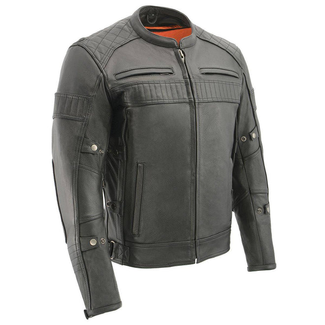 Milwaukee Leather men's black quilted pattern triple vent scooter jacket with front and back detailing, casual men's leather jacket.
