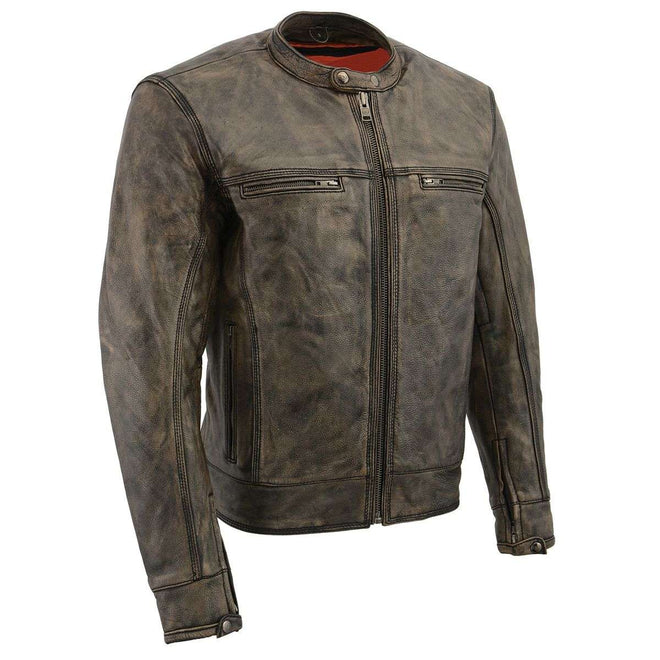 Milwaukee Leather men's beige distressed leather scooter style motorcycle jacket with vented design and liner, size MLM1550.09.