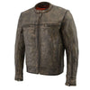Milwaukee Leather men's beige vented distressed leather motorcycle jacket with liner, scooter style, featuring brown leather details.