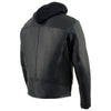 Milwaukee Leather men's black vented motorcycle jacket with utility pockets and hoodie, scooter style, made for riding comfort.
