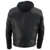 Milwaukee Leather men's black vented motorcycle jacket with utility pockets and hoodie, scooter style, designed for riding comfort.