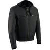 Milwaukee Leather men's black vented leather motorcycle jacket with utility pockets and hoodie, scooter style, front view.