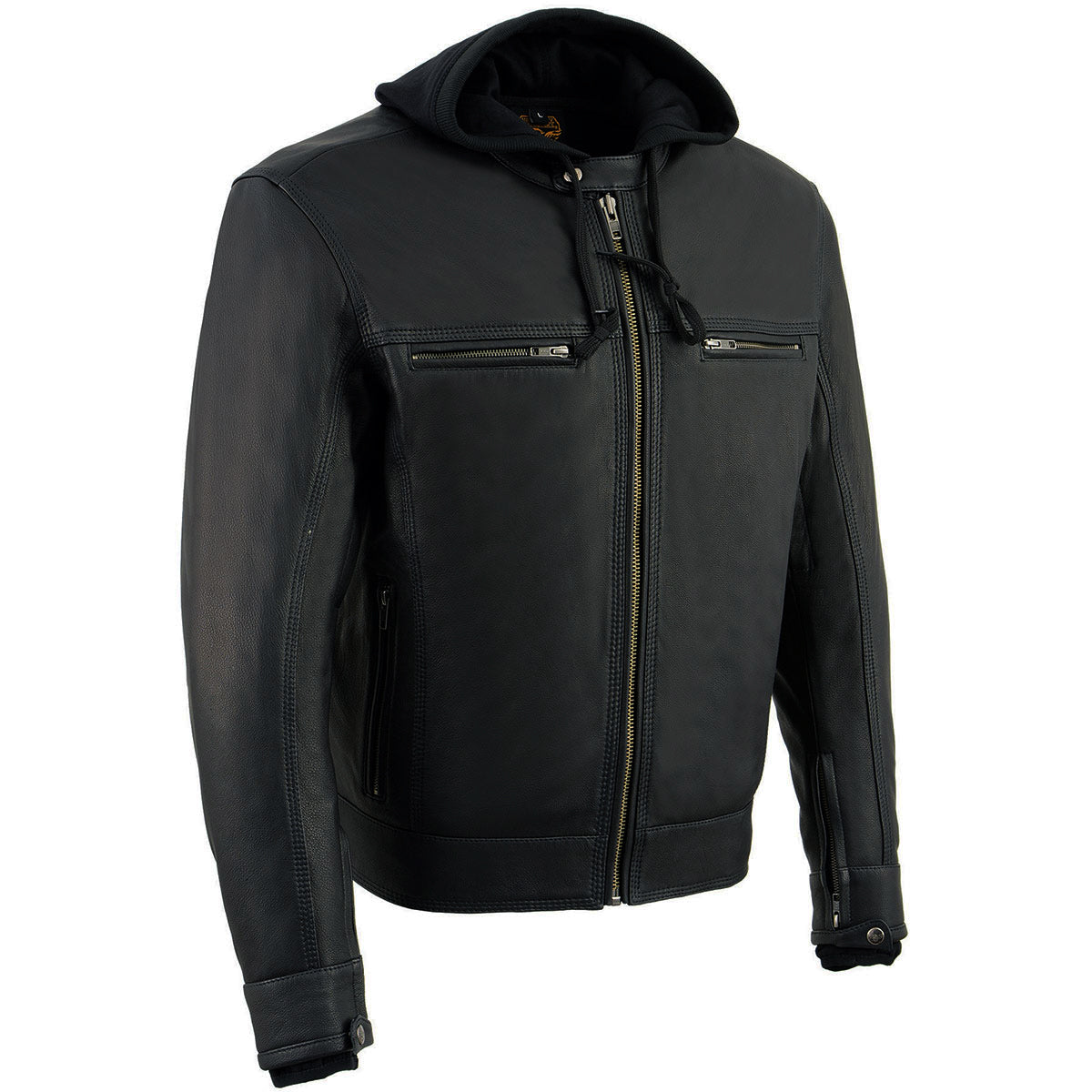 Milwaukee Leather men's black vented leather motorcycle jacket with utility pockets and hoodie, scooter style, front view.