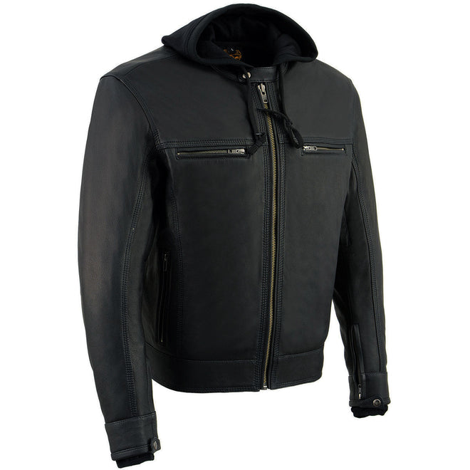 Milwaukee Leather men's black vented leather motorcycle jacket with utility pockets and hoodie, scooter style, front view.