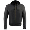 Milwaukee Leather men's black vented motorcycle jacket with utility pockets and hoodie, scooter style, featuring rugged leather design.