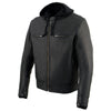 Milwaukee Leather men's black vented motorcycle jacket with utility pockets and hoodie, designed for scooter and motorcycle riding.