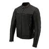 Milwaukee Leather men's black long body and vented motorcycle leather jacket with front zipper and quilted details.